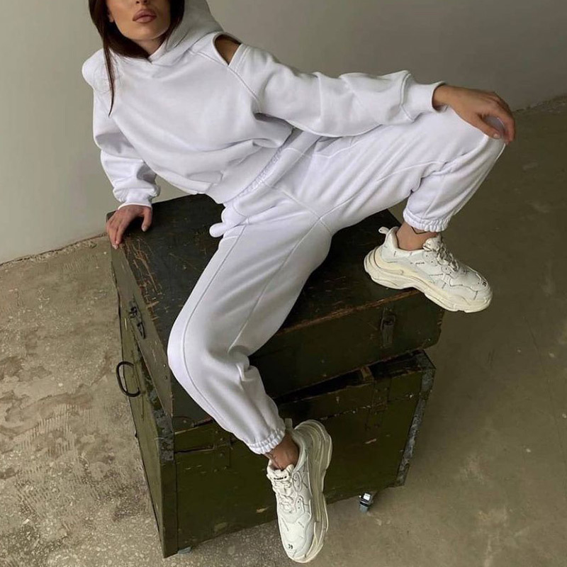 Women's Two Piece Pants Women 2 Piece Sportswear Sets Female Casual Hollow Hoodies Outfits Women's Trouser Suit Waist Elastic Sweatpants Sui