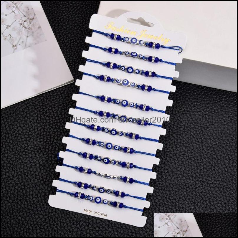 Charm Bracelets Couples Women 12Pcs/Sets Blue Turkish Evil Eye Charms Bracelets Crystal Bead Adjustable Rope Chain Ankle Dhseller2010 Dhfka