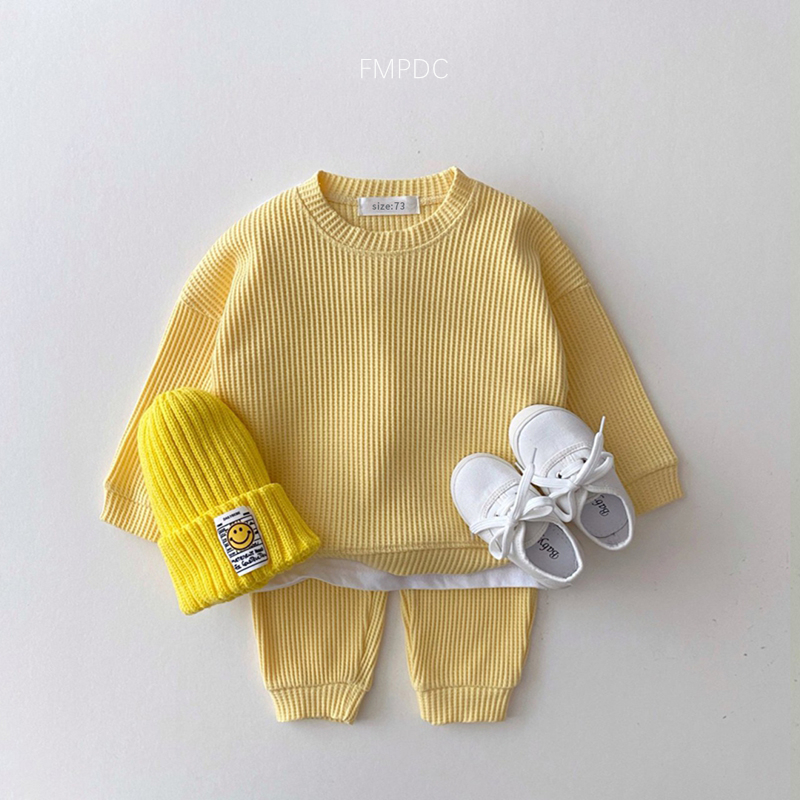 Clothing Sets Korean Baby Cotton Kintting Clothing Sets Mock Two-piece Waffle Cotton Kids Boys Girls Clothes Sets Tracksuit TopsPants 220916