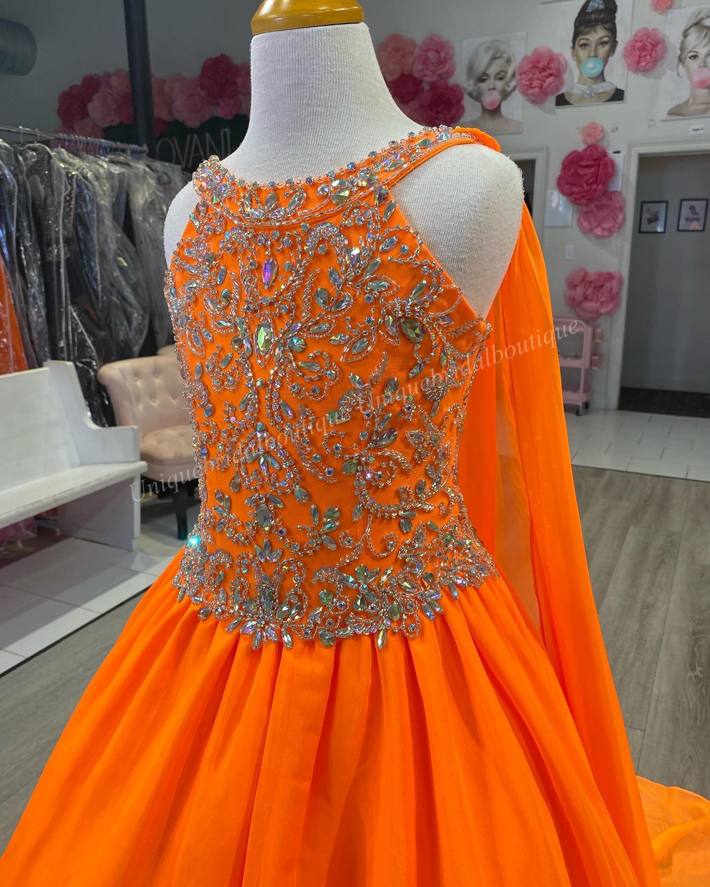 Emebellished AB Stoned Pageant Dress 2023 Chiffon Cape Ballgown Goddess Neck Little Kid Birthday Formal Party Gown Toddler Teens Preteen Sugar Orange 