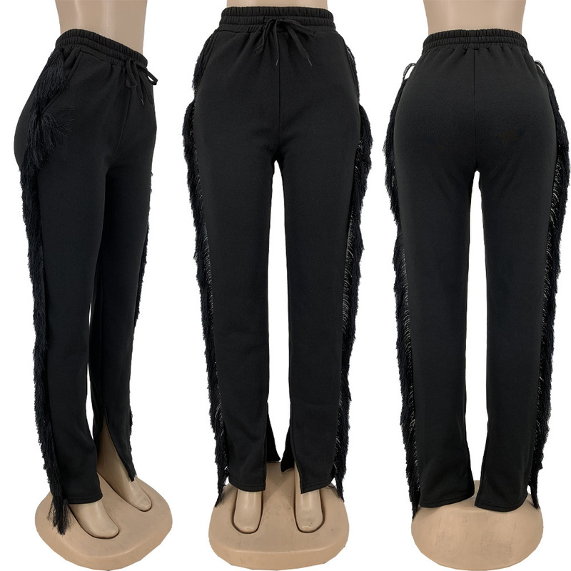 Women's Pants Capris ANJAMANOR Tassel Sweatpants for Girls Fashion Streetwear Women Fringe Joggers Cozy Casual Elastic High Waist Pants D13-CG39 