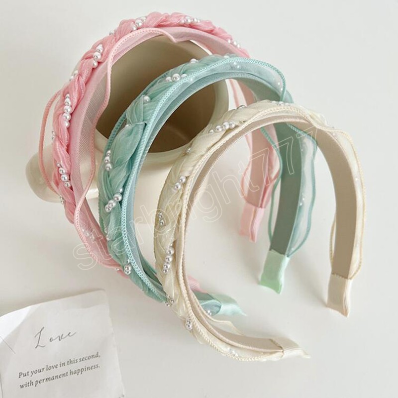 Fashion Women Headband Fresh Pearls Tangled Braided Hairabnd Solid Color Turban Light Color Headwear Hair Accessories