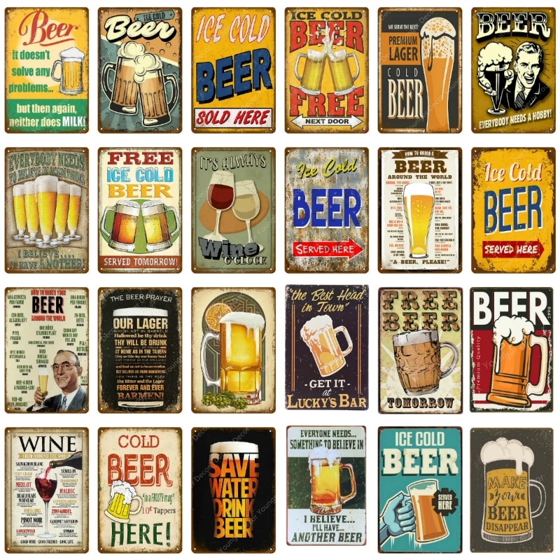 Free Beer Vintage Metal Painting Art Poster Antique Metal Tin Signs Bar Pub Club Home Decorative Plate Retro Wine Wall Stickers Man cave Save Water Drinking
