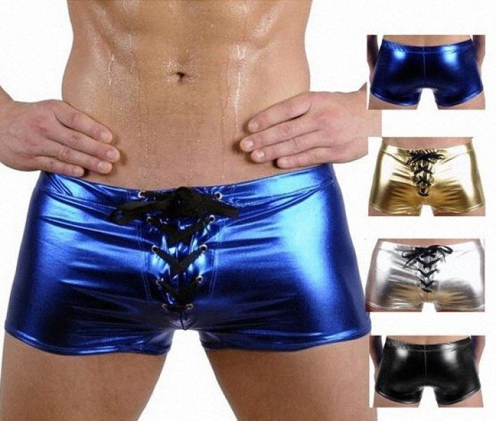 

wholesale-latest Hot Sexy Men Faux Patent Leather Latex Swimsuit Low Waist Drawstring Boxer Shorts Wetlook Erotic Gay Men Underwear Trunks g2Zo#, Silver