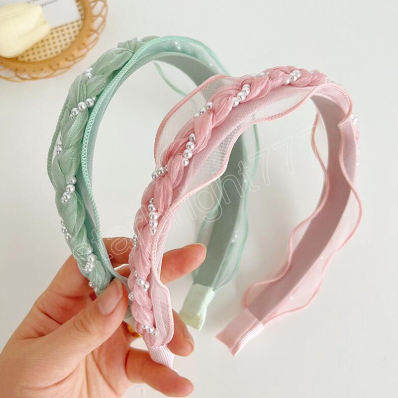 Fashion Women Headband Fresh Pearls Tangled Braided Hairabnd Solid Color Turban Light Color Headwear Hair Accessories