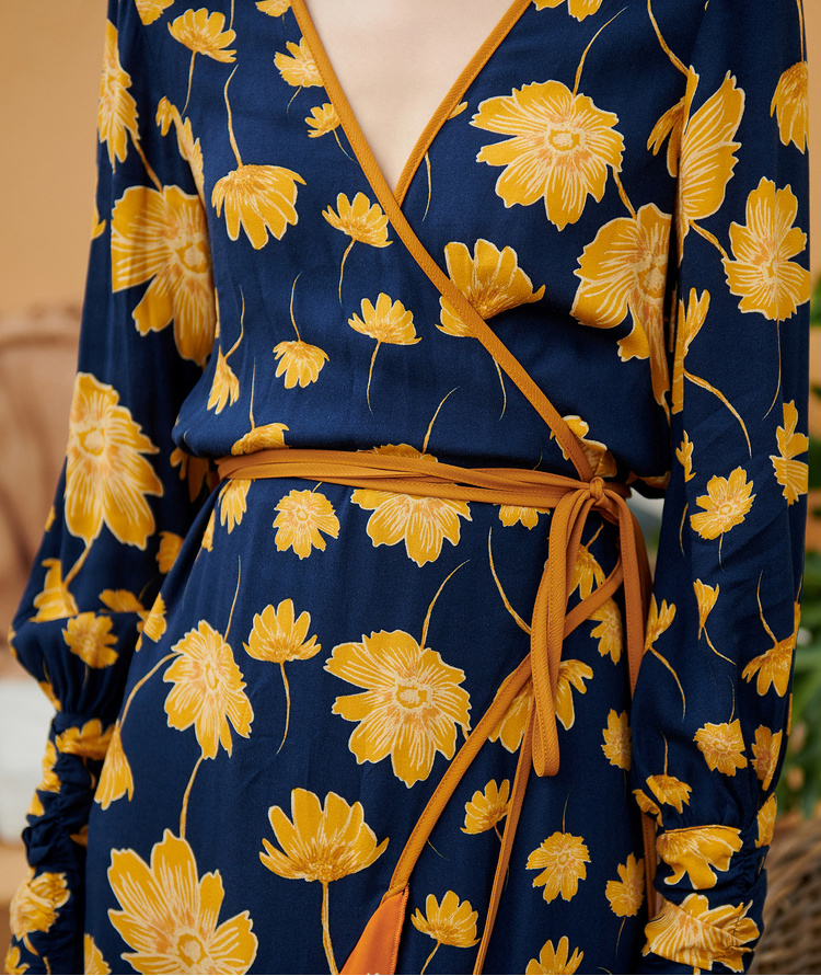 Casual Dresses Women V Neck Long Sexy High Quality Vintage Boho Full Sleeve Floral Print Chic Party Sashes Adjustable SL098 220916