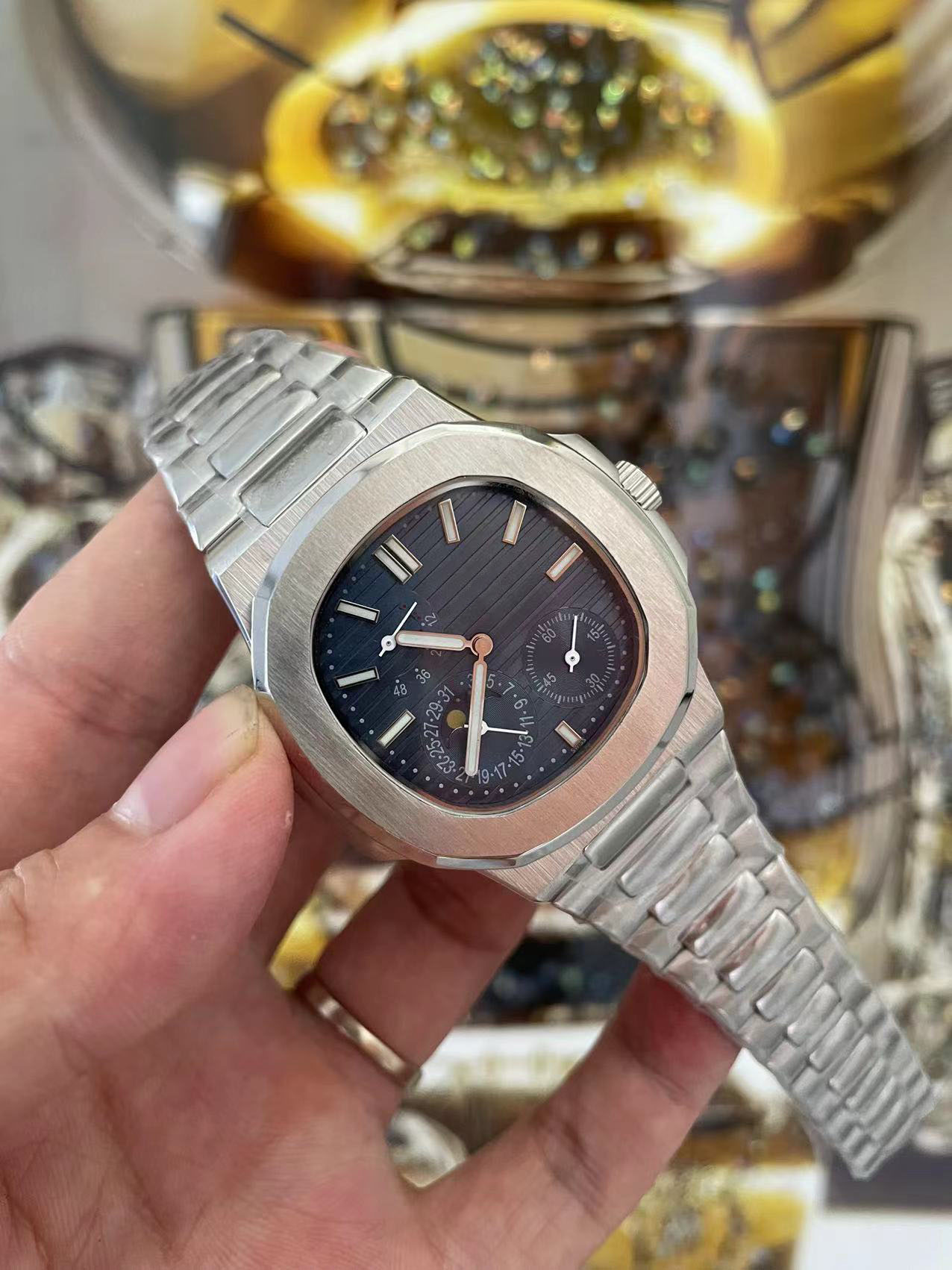 Luxury Mens Watch Blue Dial Silver Stainless Steel Automatic Mechanical Sapphire Crystal Multi-function Glass Back Male Wristwatches, Waterproof
Luxury Mens Watch Blue Dial Silver Stainless Steel Automatic Mechanical Sapphire Crystal Multi-function Glass Back Male Wristwatches, Waterproof