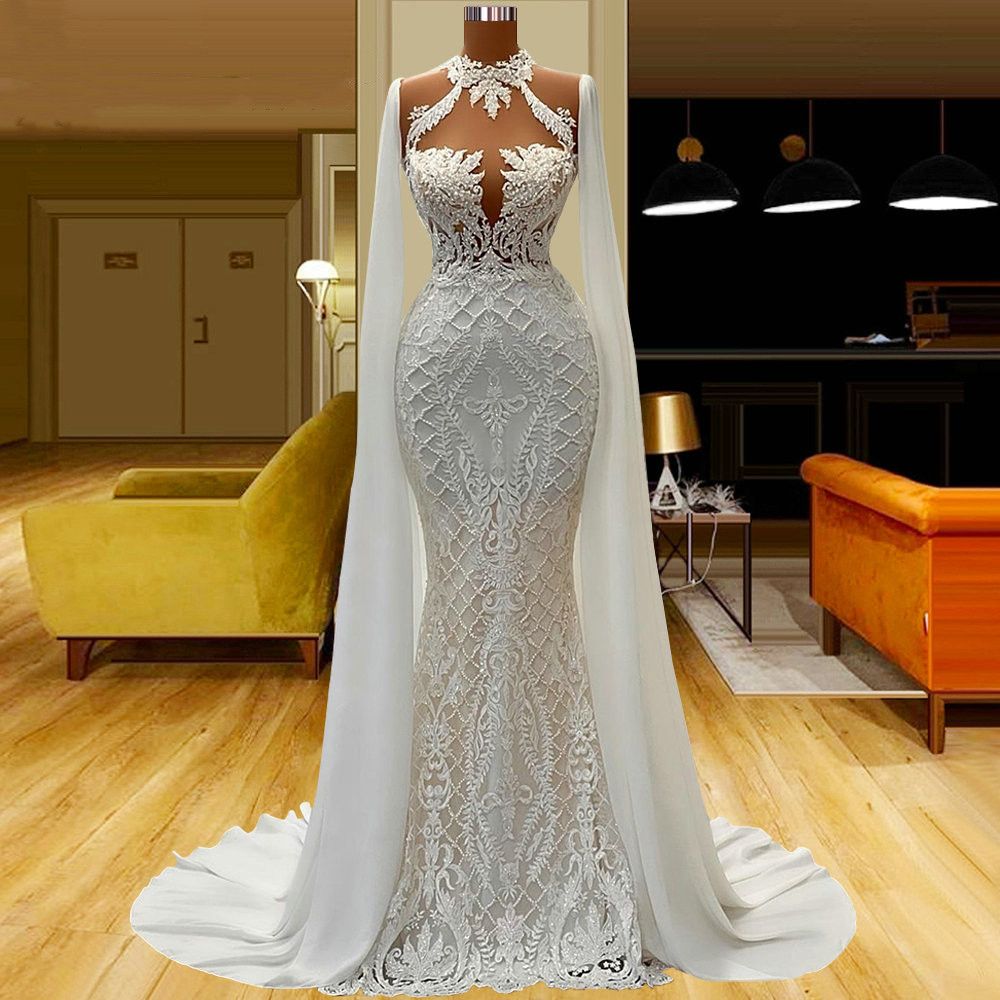 Gorgeous Lace Wedding Dress With Cape High Neck Appliqued Beaded Saudi Arabia Bridal Gowns robes de mariee