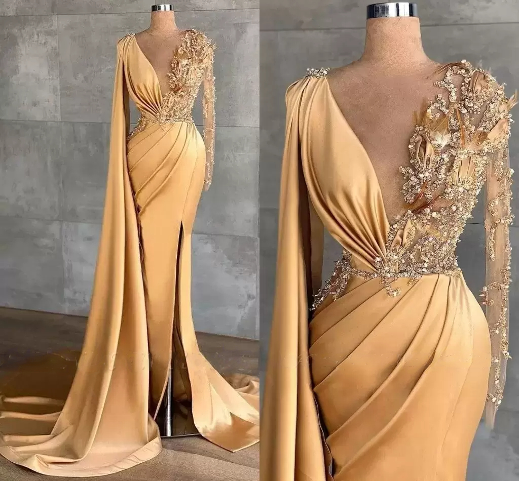 Yellow Gold Evening Dresses Deep V Neck Sheer Long Sleeve Beaded Crystals Party Ocn Gowns