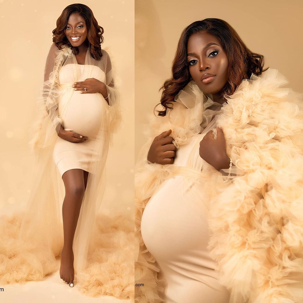 Sexy Puffy Prom Dresses Long Sleeve Women Robe Photo Shoot Belt Maternity Nightwear Gowns For Photography