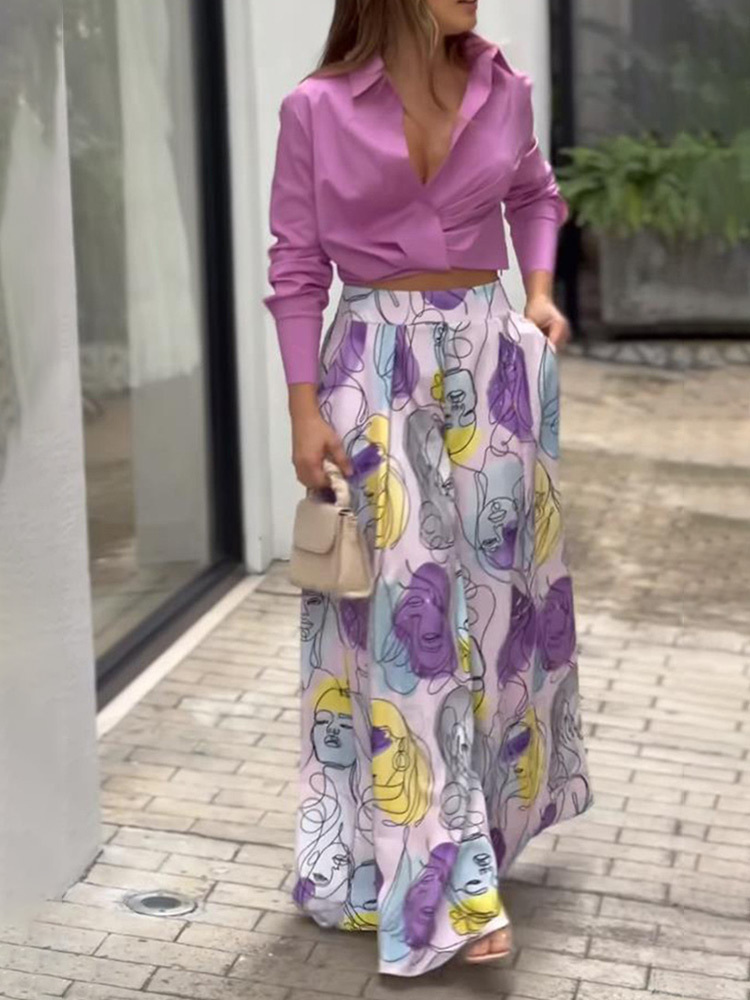 Women s Two Piece Pants V neck Women Shirt Set Crop Solid Lapel Tie Top Suits Female High Waist Printed Straight Trousers Outfit 220916