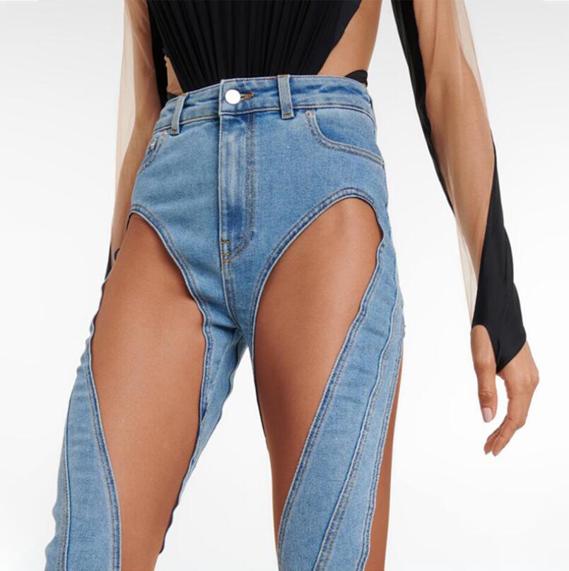 European and American sexy Jeans Women Spiral hollow design Splicing split Denim trousers Femme Casual Pants w2857391847