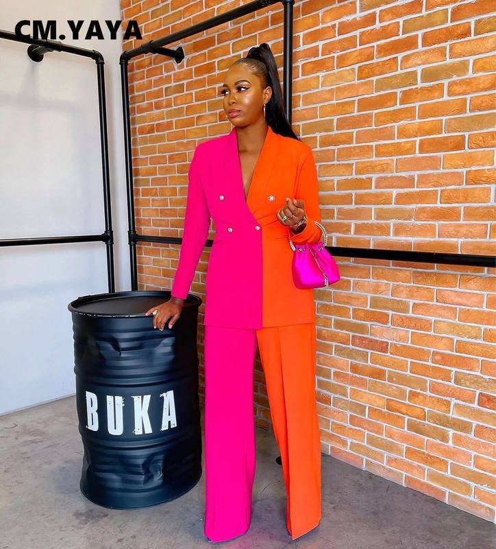 Women s Two Piece Pants CM YAYA Patchwork Office Lady Blazer Suit and Straight Matching 2 Set Outfits Women Street Tracksuit 220916