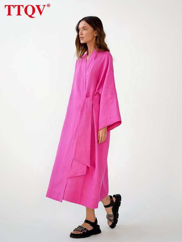 Casual Dresses TTQV Elegant Pink Midi Lady Fashion Chic Lace up Long Sleeve Vintage Loose Classic For Women 220916