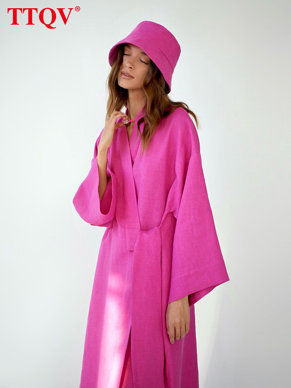 Casual Dresses TTQV Elegant Pink Midi Lady Fashion Chic Lace up Long Sleeve Vintage Loose Classic For Women 220916