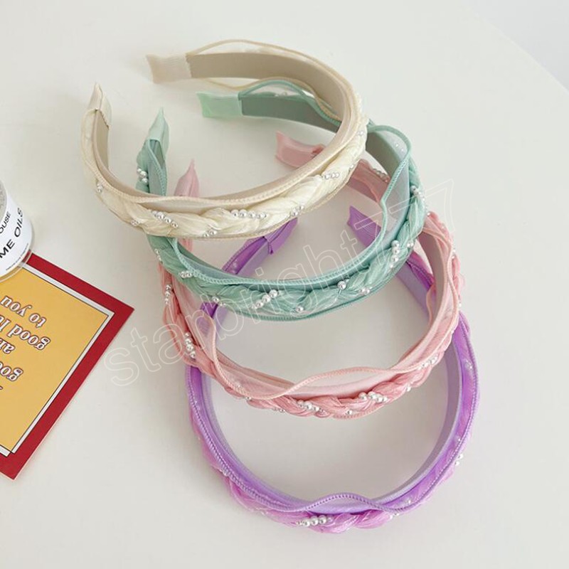 Fashion Women Headband Fresh Pearls Tangled Braided Hairabnd Solid Color Turban Light Color Headwear Hair Accessories