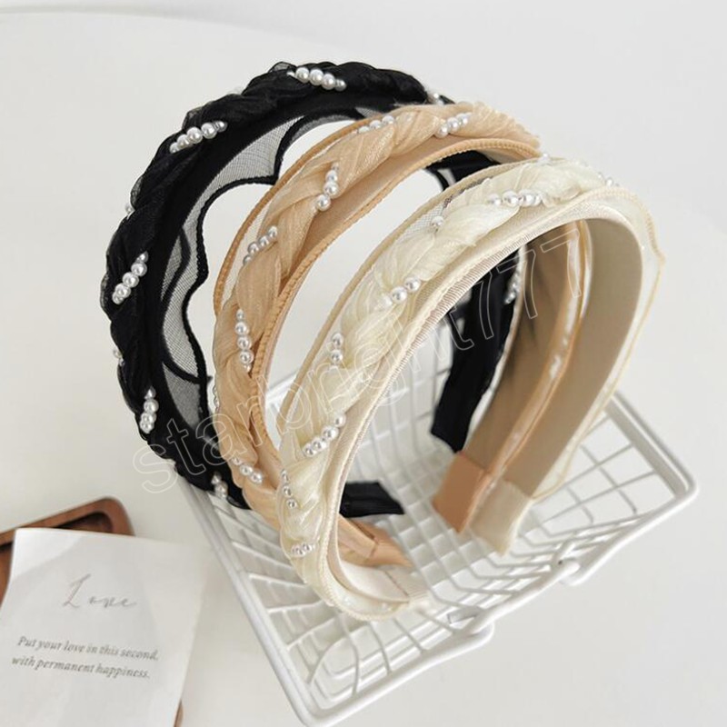 Fashion Women Headband Fresh Pearls Tangled Braided Hairabnd Solid Color Turban Light Color Headwear Hair Accessories