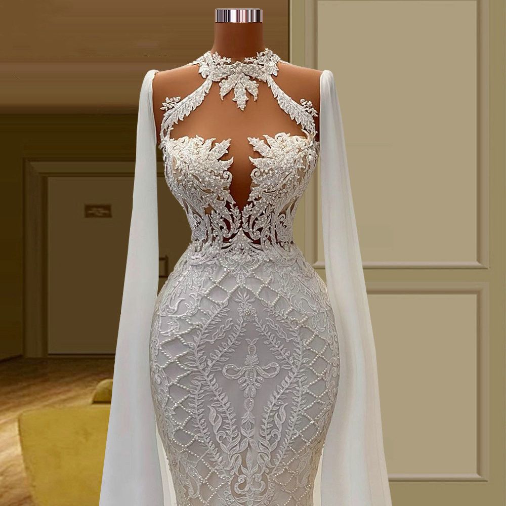 Gorgeous Lace Wedding Dress With Cape High Neck Appliqued Beaded Saudi Arabia Bridal Gowns robes de mariee