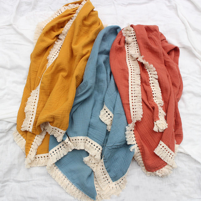 Organic Cotton Muslin Blanket Double Gauze Bath Towel Baby Tassel Blankets born Big Diaper Swaddle Wrap Feeding Po Props 220816