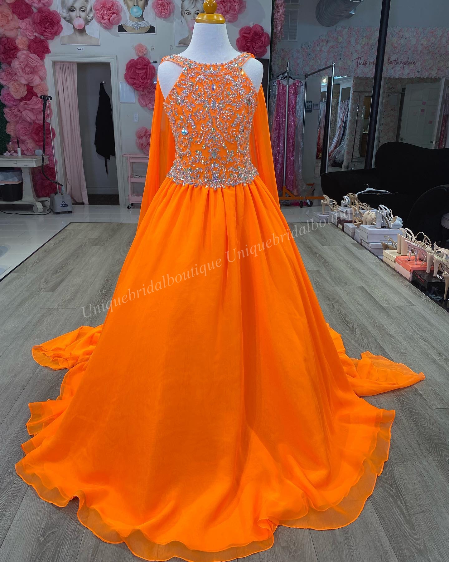 Emebellished AB Stoned Pageant Dress 2023 Chiffon Cape Ballgown Goddess Neck Little Kid Birthday Formal Party Gown Toddler Teens Preteen Sugar Orange 