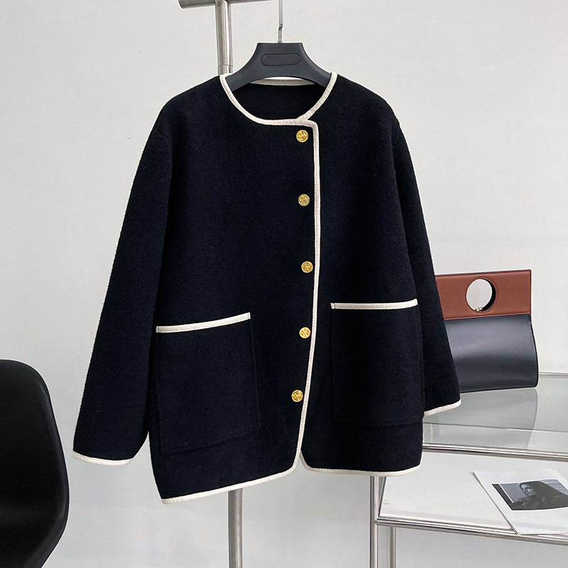 Women s Jackets Vintage Woolen Coat O Neck Loose Single Breasted Jacket Spring Autumn Korean Fashion Black Female 2587 220916