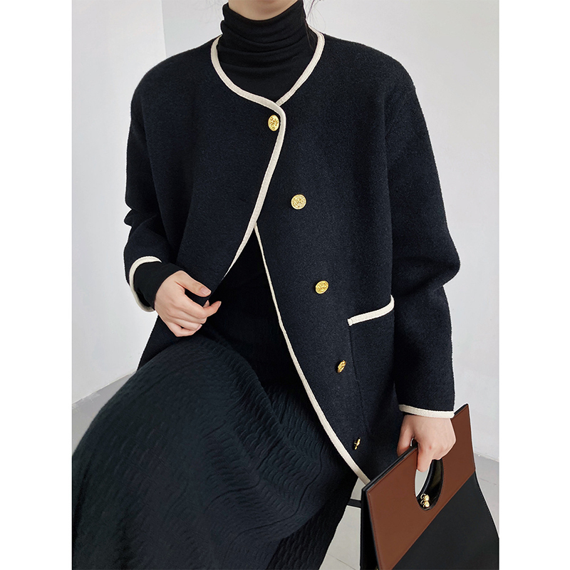 Women s Jackets Vintage Woolen Coat O Neck Loose Single Breasted Jacket Spring Autumn Korean Fashion Black Female 2587 220916