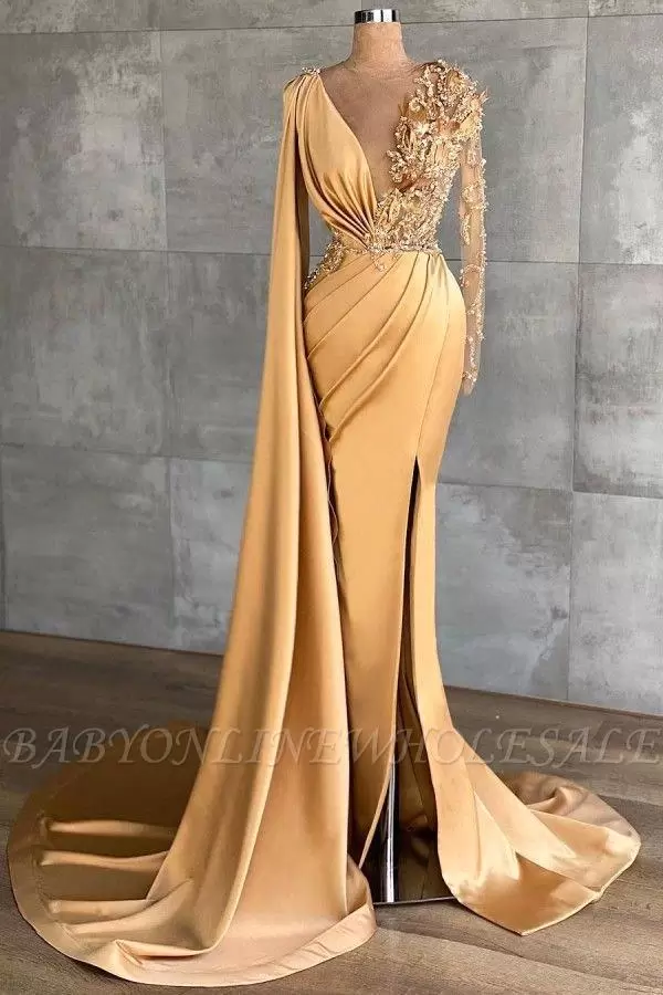 Yellow Gold Evening Dresses Deep V Neck Sheer Long Sleeve Beaded Crystals Party Ocn Gowns