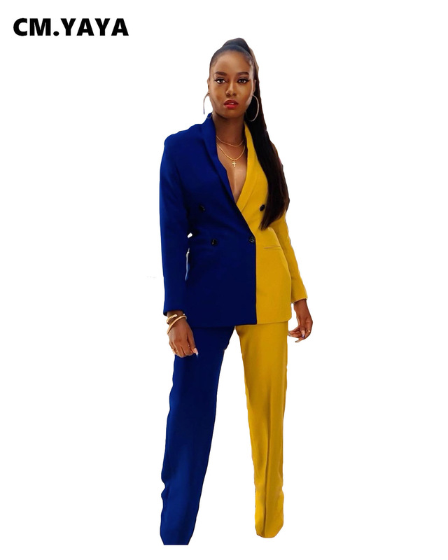 Women s Two Piece Pants CM YAYA Patchwork Office Lady Blazer Suit and Straight Matching 2 Set Outfits Women Street Tracksuit 220916