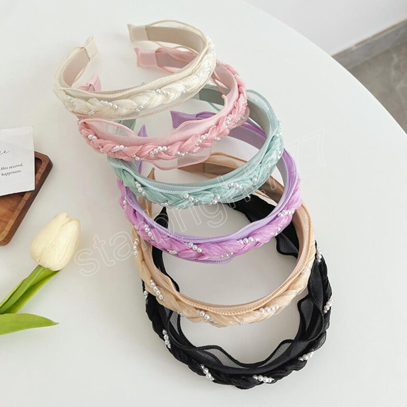 Fashion Women Headband Fresh Pearls Tangled Braided Hairabnd Solid Color Turban Light Color Headwear Hair Accessories