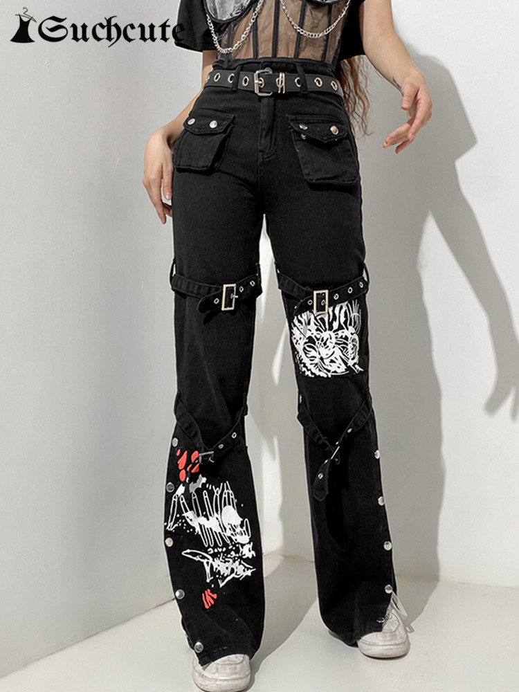Women's Pants Capris SUCHCUTE Gothic Bandage Women Baggy Jeans Punk Style Egirl Black Denim Trousers Y2K Dark Academia Hight Waist Streetwear Pan