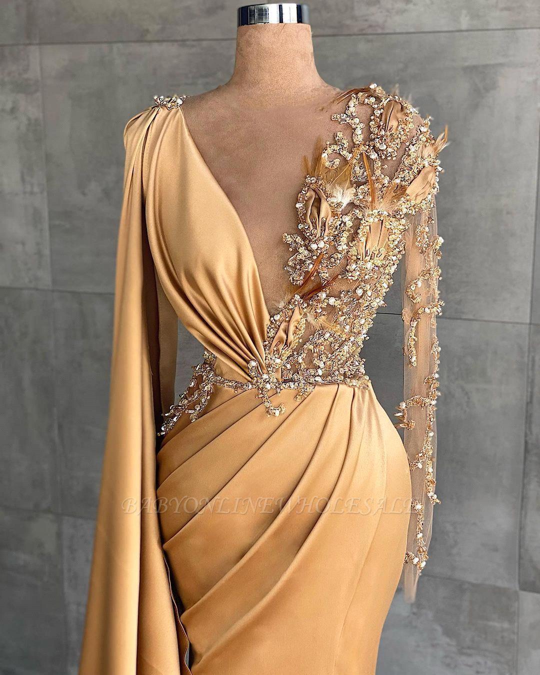 Yellow Gold Evening Dresses Deep V Neck Sheer Long Sleeve Beaded Crystals Party Ocn Gowns