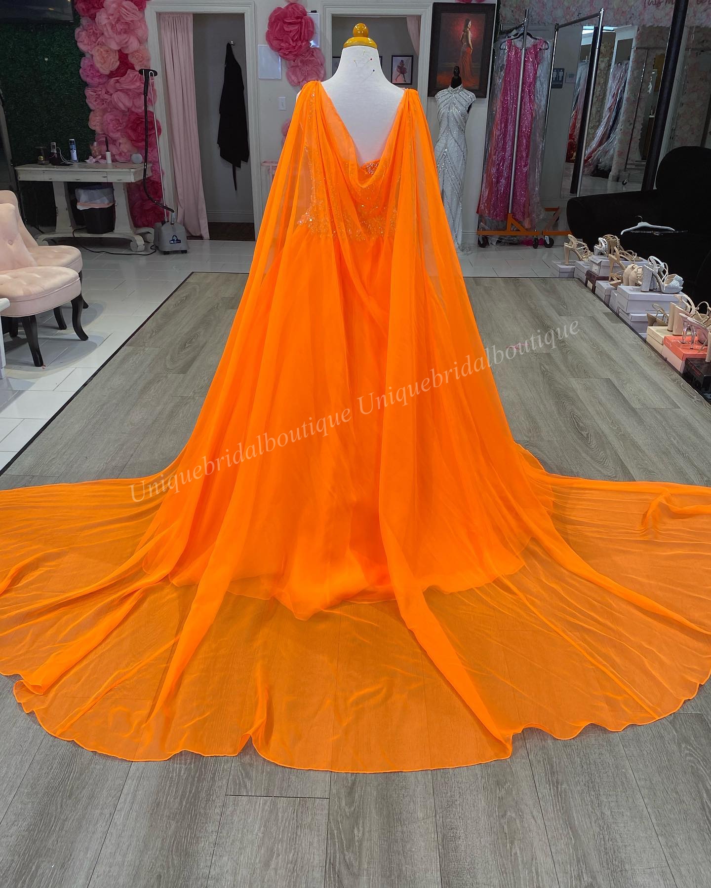 Emebellished AB Stoned Pageant Dress 2023 Chiffon Cape Ballgown Goddess Neck Little Kid Birthday Formal Party Gown Toddler Teens Preteen Sugar Orange 