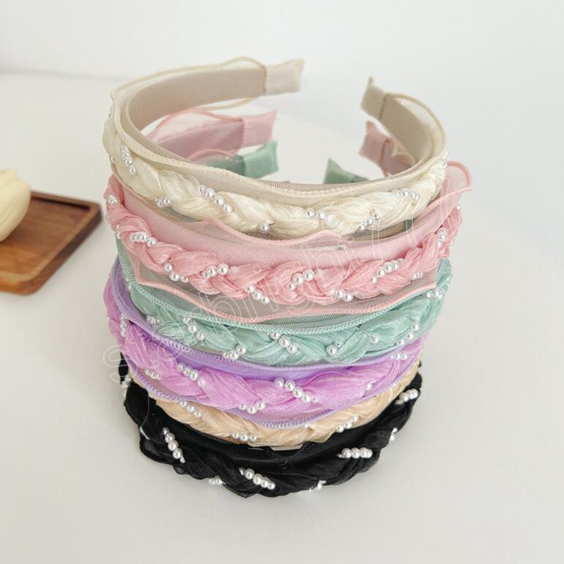 Fashion Women Headband Fresh Pearls Tangled Braided Hairabnd Solid Color Turban Light Color Headwear Hair Accessories