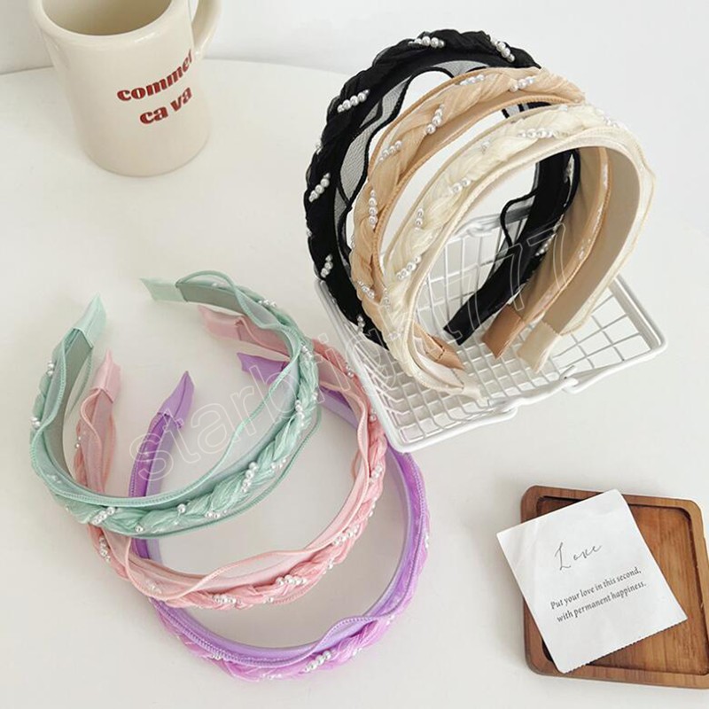 Fashion Women Headband Fresh Pearls Tangled Braided Hairabnd Solid Color Turban Light Color Headwear Hair Accessories