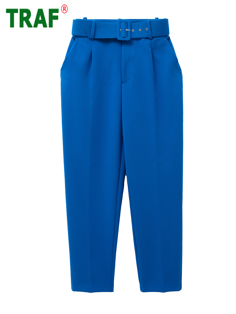 Women's Pants Capris TRAF Blue Women Pants Belt High Waisted Woman Trousers Green Office Pants for Women Streetwear Y2K Aesthetic Trousers Women 