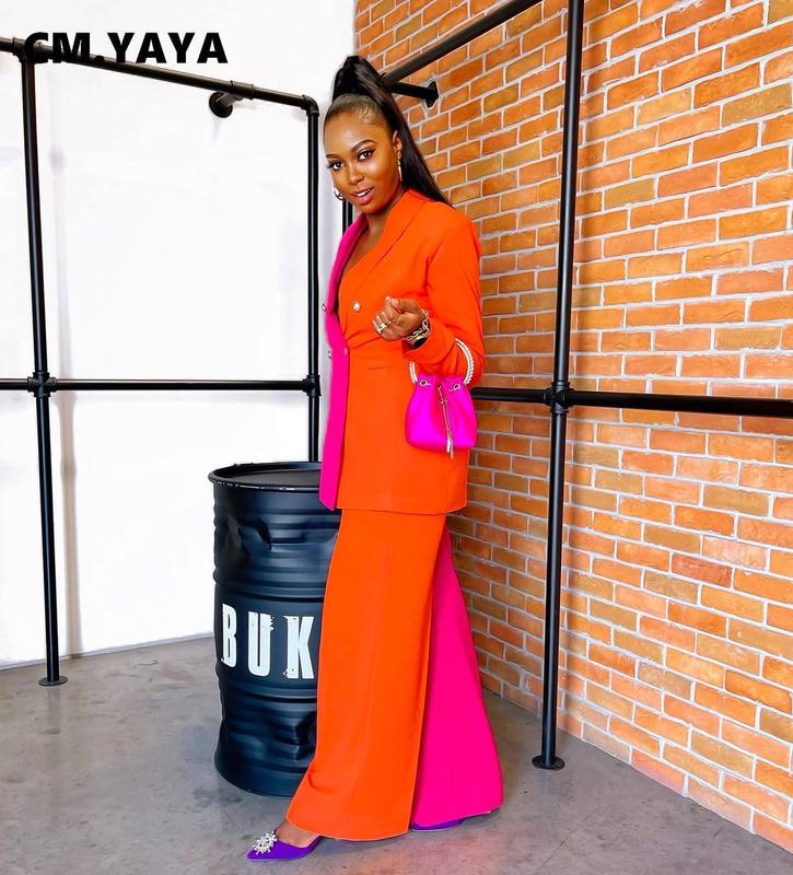 Women s Two Piece Pants CM YAYA Patchwork Office Lady Blazer Suit and Straight Matching 2 Set Outfits Women Street Tracksuit 220916
