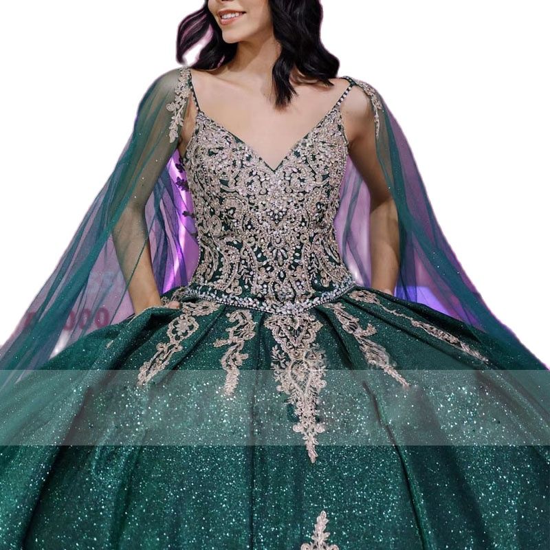 Glitter Mexican Quinceanera Dresses Gold Appliques Green Sweet 15 Prom Gown With Cape Bead Ruched Ball Gown Vestidos de XV anos