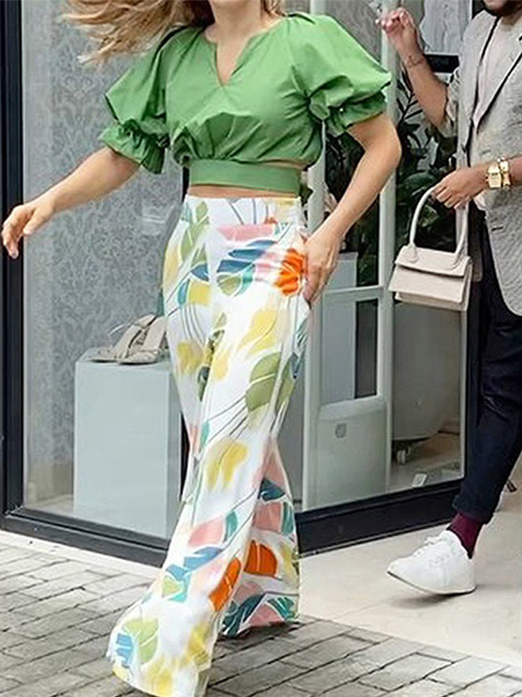 Women s Two Piece Pants V neck Women Shirt Set Crop Solid Lapel Tie Top Suits Female High Waist Printed Straight Trousers Outfit 220916