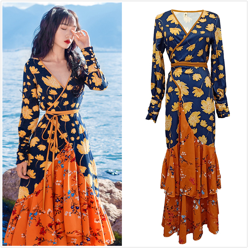 Casual Dresses Women V Neck Long Sexy High Quality Vintage Boho Full Sleeve Floral Print Chic Party Sashes Adjustable SL098 220916