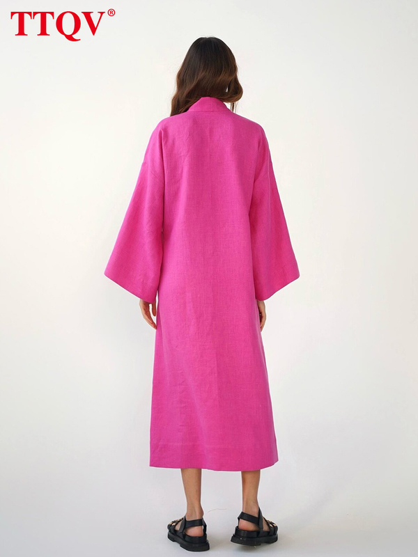Casual Dresses TTQV Elegant Pink Midi Lady Fashion Chic Lace up Long Sleeve Vintage Loose Classic For Women 220916