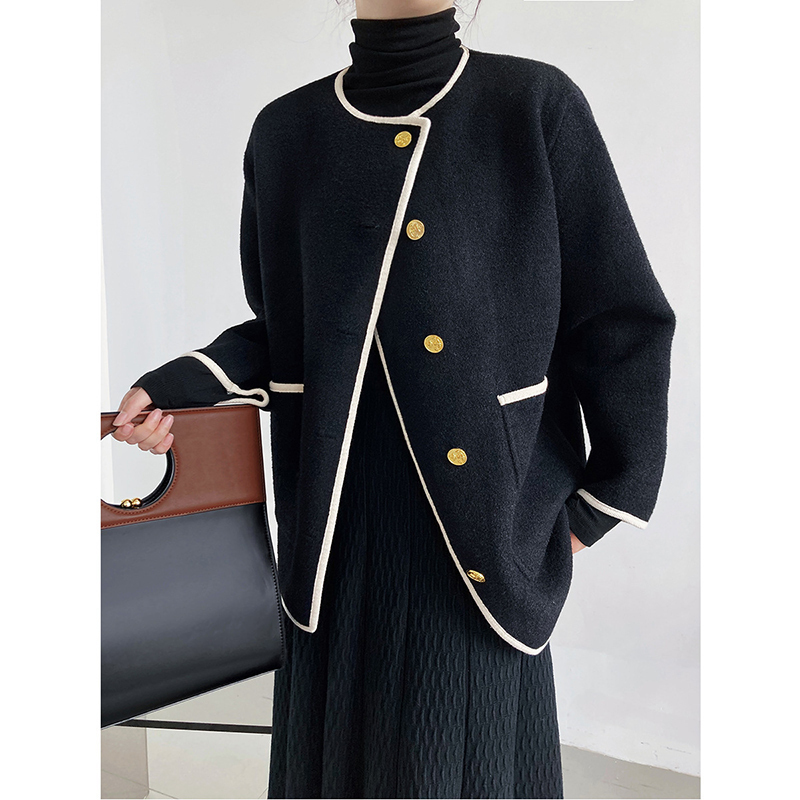 Women s Jackets Vintage Woolen Coat O Neck Loose Single Breasted Jacket Spring Autumn Korean Fashion Black Female 2587 220916