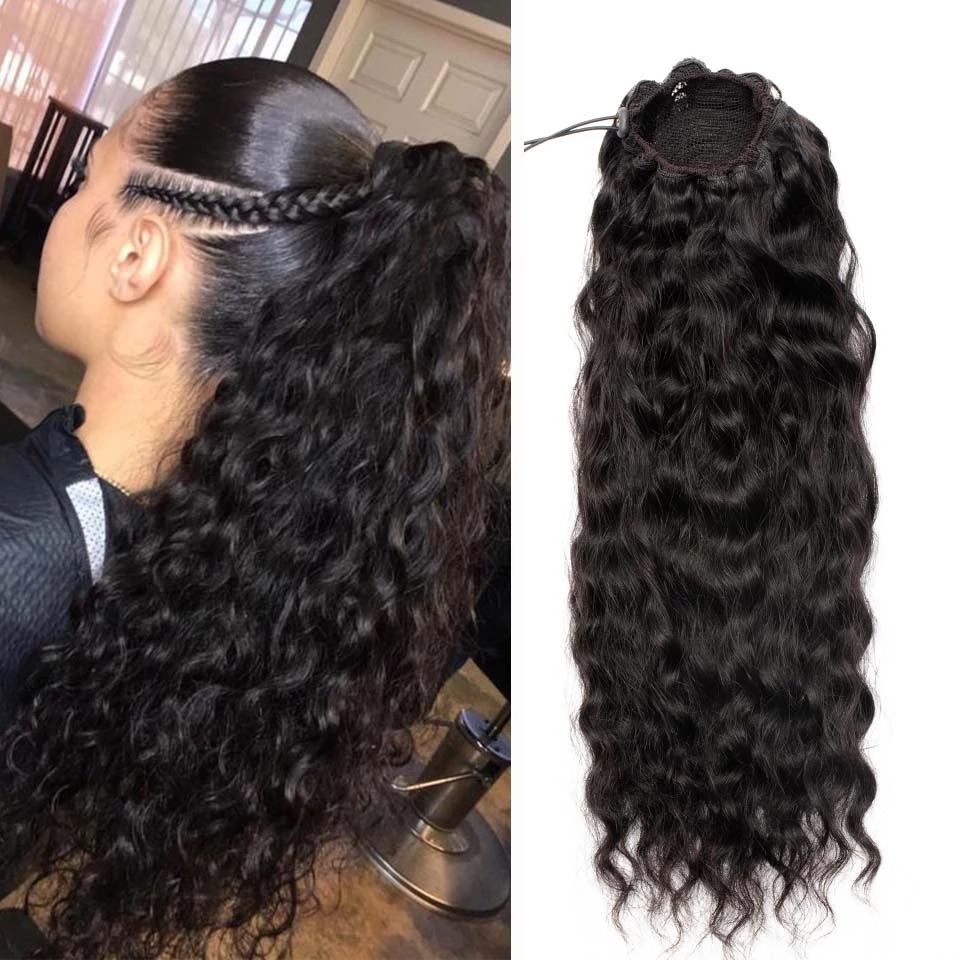 Natural Wavy Drawstring Ponytail Human Hair Brazilian Afro Clip In Extensions For Black Women Remy Natural Color Divaswigs Pony Tail 140g