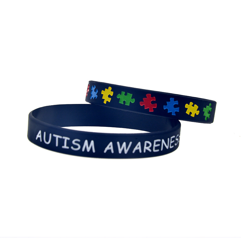 50PCS Autism Awareness Silicone Rubber Bracelet Debossed and Filled in Color Jigsaw Puzzle Logo Adult Size 6 Colors