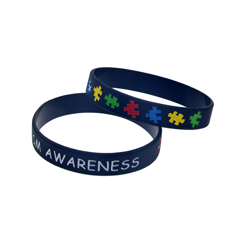 50PCS Autism Awareness Silicone Rubber Bracelet Debossed and Filled in Color Jigsaw Puzzle Logo Adult Size 6 Colors