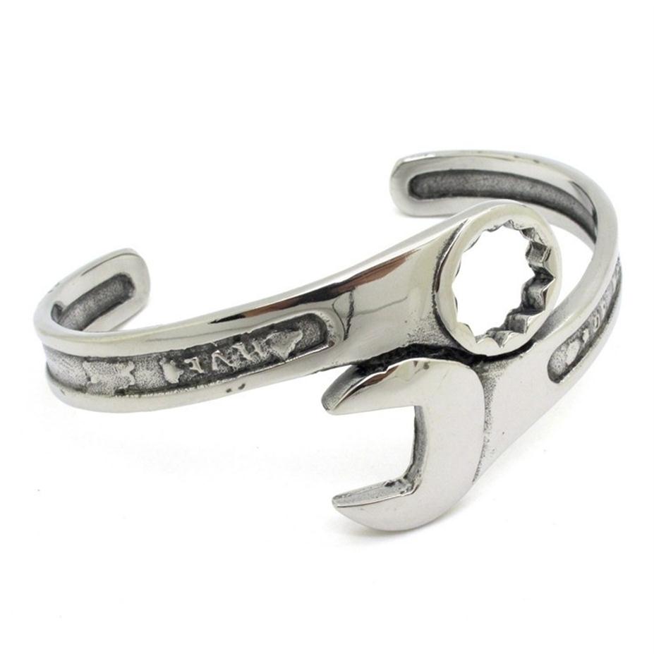 Fashion Silver Tone Metals Tools Wrench Bangle Stainless Steel Biker Bracelet Unique Designer Band Jewelry BB02209B