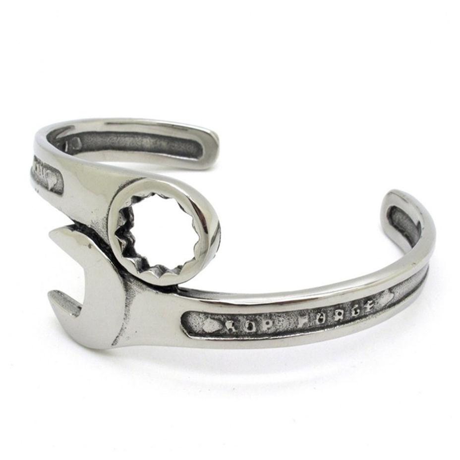 Fashion Silver Tone Metals Tools Wrench Bangle Stainless Steel Biker Bracelet Unique Designer Band Jewelry BB02209B