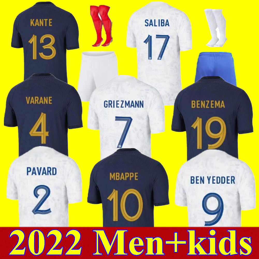 

22 23 BENZEMA MBAPPE GRIEZMANN soccer jersey French KANTE POGBA ZIDANE GIROUD MATUIDI Kimpembe VARANE PAVARO equipement Maillot de football shirt Men kids kit Set, Kids away+patch