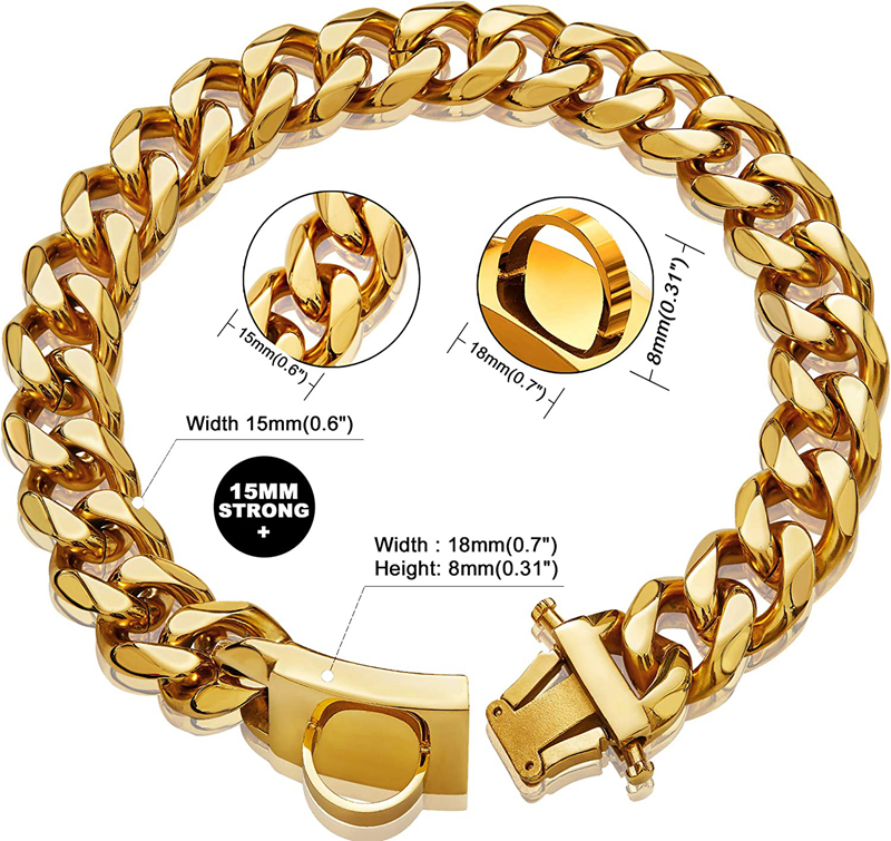 free shipping Lifetime Gold Dog Cuba Collars Walking Metal Chain Collar with Design Secure Buckle Cuban Link Strong Heavy Duty Chew Proof for Medium D