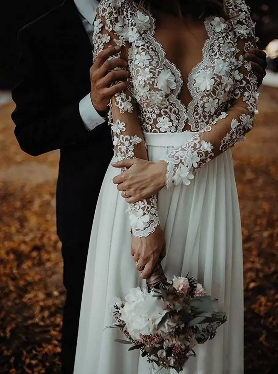 Boho Gorgeous Wedding Dresses Bridal Gown Long Sleeves Beaded Lace Applique Chiffon Side Slit Plus Size Scalloped Neck Custom Made Vestido De Novia