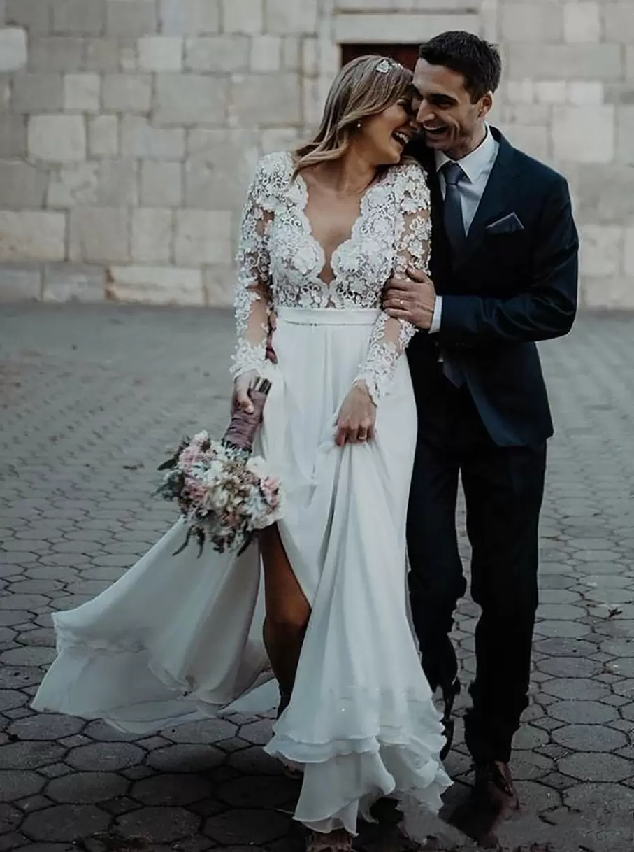 Boho Gorgeous Wedding Dresses Bridal Gown Long Sleeves Beaded Lace Applique Chiffon Side Slit Plus Size Scalloped Neck Custom Made Vestido De Novia